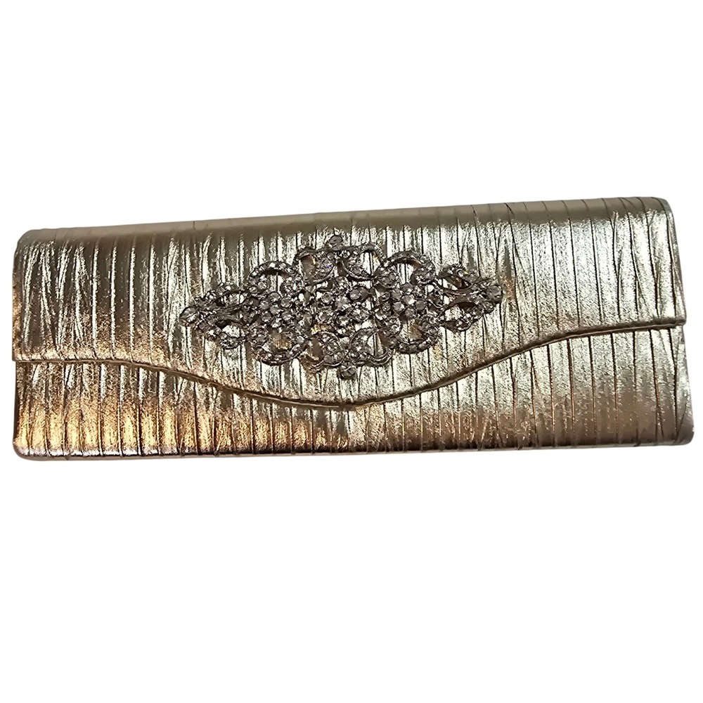Raj Gold Metallic Pleated Clutch Evening Bag Rhinestone Embellished Chain Strap
